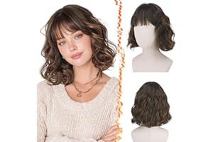 BARSDAR Perruque avec Franges, Courte Ondulée Perruque Bob Mix Brun pour Femmes Bouclée Bob Perruques avec Franges Synthétiques D'aspect Naturel Cheveux Perruques Wear Cosplay Partie