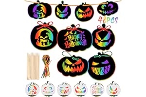 JULMELON 48 Pcs Halloween Scratch Paper Crafts Kit Bulk of Halloween Pumpkins Magic Rainbow Scratch Art DIY Party Ornaments Decor with 6 Pcs Pumpkins Stencils