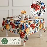 LOOM &amp; LAUREL &Ccedil;i&ccedil;ekli Kare Masa &Ouml;rt&uuml;s&uuml; 140 x 140 cm, Baskılı, Yıkanabilir, &Uuml;t&uuml; Gerektirmez, Mutfak, Bah&ccedil;e ve Piknik i&ccedil;in - &Ccedil;o