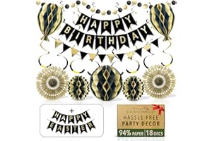 ITSY BITSY PARTY CO Premium Reusable Birthday Party Decorations - Black & Gold Birthday Decoration Set - Happy Birthday Banner, Birthday Bunting, Honeycomb Decorations, Streamers (Paper Black & Gold Party Decorations)