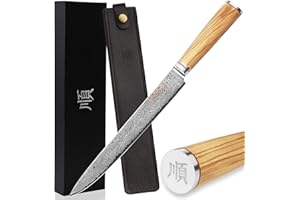 YOUSUNLONG Couteau à filet de poisson Sashimi Couteau à découper 25,40 cm (10 pouces) Acier damassé japonais de haute qualité - Bois d'olivier italien avec étui en cuir