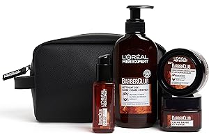 L'Oréal Men Expert - Trousse Routine Experte pour Homme - Soin de la Barbe & Visage - À l'Huile Essentielle de Bois de Cèdre - Pour Tous Types de Peaux - BarberClub - 4 Produits