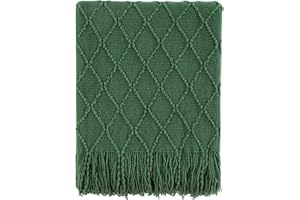 BOURINA Textured Solid Soft Sofa Throw Couch Cover Knitted Decorative Blanket, Dark Green, 127x152cm