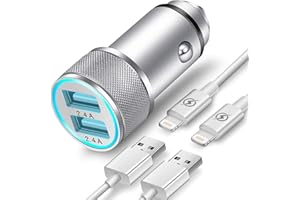 BEAMINGNET Presa USB per Auto TIKALONG con 2 Cavi Lightning, Caricatore per Accendisigari a 2 Porte da 2,4A, Caricabatterie in Metallo con LED, Compatibile con iPhone 13/12/11/Pro Max/mini/SE/XS/XR/X/8/7/6 ecc.