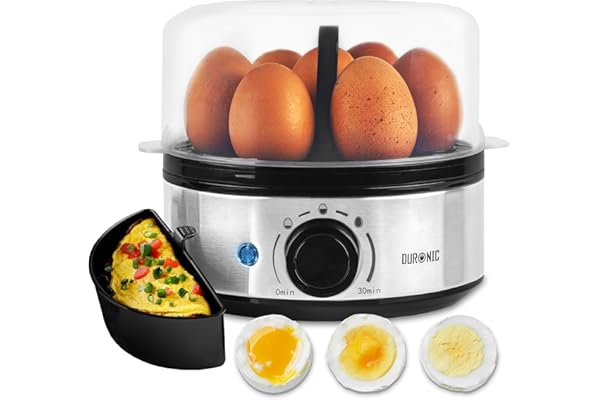 Duronic EB50 BK Cuiseur à oeufs 1 à 7 oeufs 400W Thermostat et minuteur 3 modes de cuisson Oeuf dur ou mollet ou à la coque Arrêt automatique avec alarme sonore Cuisson omelettes légumes œufs