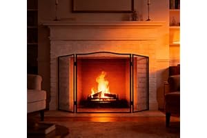 Kingson Pantalla de chimenea arqueada de 3 paneles - Protector de chispas de hierro forjado negro - Pantalla plegable de seguridad contra incendios con malla decorativa - 96,5 x 61 cm