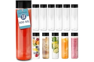 HEFTMAN Botellas Plastico con Tapas - Paquete de 12 Transparente Botellas Sensoriales Sin Fugas de 400 ml con Tapas de Rosca Negras, Botella Plastico Rellenable PET 100% Seguras para Alimentos