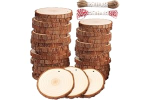 PVFZXS 40 Stück Holzscheiben Zum Basteln, 4-6cmholzscheiben, Mit Zwei Baumwollschnüren, Für Diy Handwerk Holz-Scheiben Hochzeit Mittelstücke Weihnachten Dekoration Baumscheibe