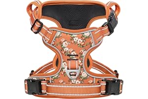 HEELE Harnais Réfléchissant Anti-Traction pour Moyen Grand Chien avec Poignée Rembourrée, 1 Boucle sur la Sangle de Cou Droite pour Un Dégagement Rapide, Floral-Orange, M