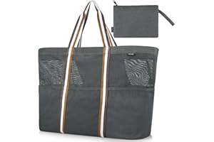 GAGAKU Torba plażowa XXL, rodzinna torba kąpielowa, duża torba plażowa z zamkiem błyskawicznym, torba plażowa z siateczki, na plażę, podróże, kolor czarny/szary/zielony