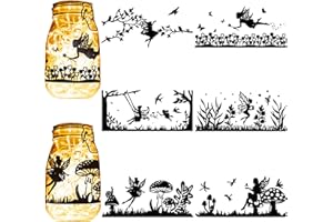 CREATCABIN 6 Silhouette Fée Forme Pot Mason,Lanterne d'ange Découpée Laser,Décoration Branche Champignon,Scrapbooking pour Verre Dépoli,Mur,Fenêtre,Loisirs Créatifs,Noël,Noir,20x9cm(sans Autocollant)