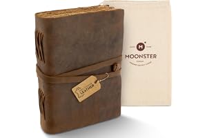 moonster Läder Anteckningsbok A5 [20x15 cm] Vintage Dagbok – Handgjord av Äkta Buffelläder med 240 Sidor 125 g/m² Träfritt Bo