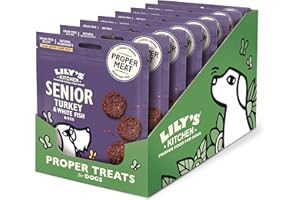 Lily's Kitchen Elaborado con ingredientes naturales paquete de golosinas para perros sénior bocaditos de pavo con pescado blanco receta sin cereales 8 × 70g
