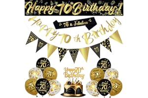 BALLOON GARLAND 70th Birthday Decorations Set, 18Pcs Black Gold Balloons Kit with Sash, Banners, Triangle Flags, Cake Topper, Black Gold and Sequin Balloons for Men and Women 70th Birthday Party Decorations Supplies