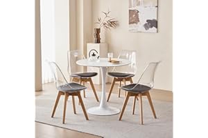 GrandCA HOME Mesa de Comedor con 4 Sillas, Mesa de Comedor Redonda Moderna Blanca de 80 CM, 4 Sillas de Cocina Tulipán Transparentes, para Cocina, Sala de Estar (Negro)