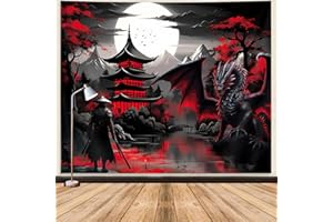 GOAOK Tapiz de anime samurái, tapiz de dragón medieval rojo y negro, para colgar en la pared, para hombres, bosque de montaña, naturaleza, puesta de sol, Asia oscuro, tapices japoneses, estéticos para sala