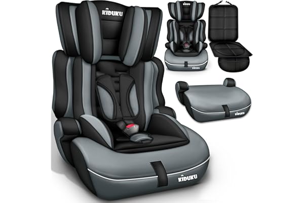 KIDUKU® Siège auto pour enfants avec Protection, évoluant avec la croissance, Norme ECE R129/03, de 9 kg à 36 kg (de 1 à 12 ans), Groupe 1 + 2 + 3 (Noir/Gris)