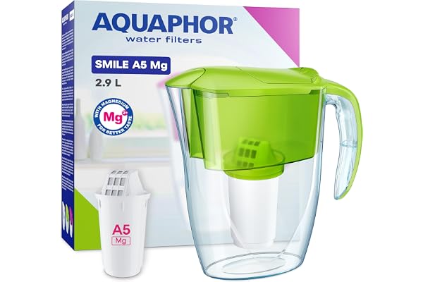 AQUAPHOR Smile Carafe filtrante à eau – 2,9 L (Vert, 1 Filtre A5 avec Mg)