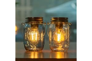 MJ PREMIER Mason Jar Lights, 2-Pack LED Bulb Garden Lanterns, Battery Operated Table Lamps, Hanging Cordless Glass Lamps, Outdoor Indoor for Fireplace, Hallway (Clear/Blue)