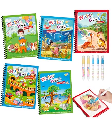 Magic water book - libretto assortito da colorare magico con acqua per bambini - unicorni, veicoli e dinosauri - Toys Center