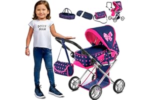 Kinderplay Dolls Pram | 3-in-1 Toy Pram | Baby Doll Pram - Toy Pushchair | Dolls Buggy | Dolls Pushchair | Doll Stroller with Adjustable Handle (36.5-64 cm), model KP0200T