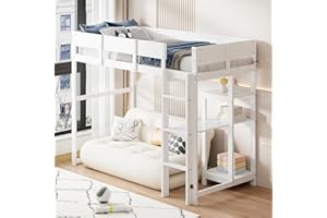 Aoskem Kinderbett Hochbett 90x200, Etagenbett Hausbett mit Leiter, Stauraum Regale und Schreibtisch, Holzbett Einzelbett Jugendbett Bettgestell mit Rausfallschutz und Lattenrost, Ohne Matratze Weiß