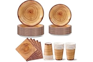 Nkaiso 96 Piezas Color de vetas de madera Vajilla Fiesta Cumpleaños, Platos y Vaso Cumpleaños Infantil, Set de Party Decoración Platos Desechable Servilletas para Navidad, Barbacoas -24 Invitado