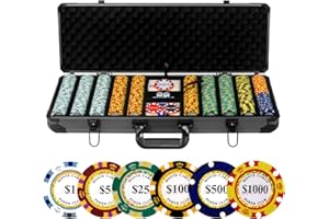 JIESITE 14g Clay Poker Chips Set, 500 Poker Chips, 39mm, with High-end Aluminum Carrying Case/2 Decks of Plastic Playing Cards/Dealer Button, for Poker Games, Blackjack, Texas Hold'em