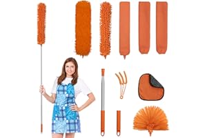 JEHONN Feather Duster Kit 8 PCS for Cleaning, 245 cm Extendable Long Handle Microfiber Cobweb Dusting Brush, Telescopic Dust Remover Tool for High Ceiling Fan AC Vent Wall House Exterior Interior