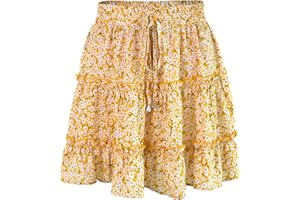 LAEMILIA Womens Elastic Waist Flared Short Skirt Floral Print Pleated Mini Skater Skirt with Drawstring