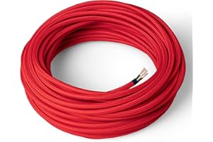 Amarcords - Cable de tela color ROJO, redondo, seda, 10 metros, con tierra 3x0,75 - Hilo eléctrico textil de color estilo clásico para lámparas bricolaje y iluminación vintage.