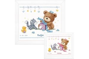VERVACO Kit Punto Croce Contato ORSO E PRESENTE Annuncio Nascita Punto Croce ca. 29 x 23 cm Regalo Personalizzato Set Fai Da Te Attività Creative Adulti Benvenuto Bambino Cross Stitch