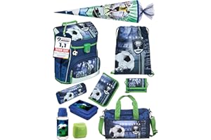 Familando Jungen Schulranzen 1. Klasse · Scooli Campus Fit Schultasche · ergonomisch & leicht · Schulranzen Set für Jungs und Mädchen (10-teiliges Set mit Schultüte, Fußball Blau)