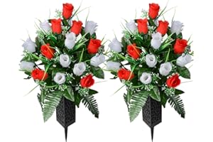 SIFOEL 2 Piezas de Flores Artificiales Cementerio con florero, Rosa Artificial Tumba Flores conmemorativas para la decoración de la lápida del Cementerio (Red&White-24T)