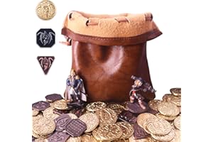 BYHOO 70PCS Metalowe monety DND, Skórzana torba, Zawiera 30 złote monety, 20 Sliver monety i 20 miedziane monety, Fantasy monety do gier planszowych, Game Token z Retro skórzaną torbą