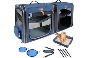 Lekeinchi 2-in-1 Hundebox Transportbox Katze für Mittelgroßes Haustier, Faltbare Katzentransportbox mit Stabilem Rahmen, Katzentoilette, 2 Schalen, 2 Haustiermatte, Medium, Blau