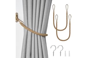 Pretty Jolly 2 Pack Natural Cotton Rope Curtain Tiebacks Boho Rustic Style Decorative Drape Tie Backs Hand-Woven Rope Curtain Holdbacks with Metal Hook for Home & Office Drapery (Cotton-Khaki)