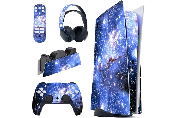 PlayVital Autocollant Skin pour ps5 Manette,Sticker pour ps5 Console Disc Edition & Station de Charge & Casque & Télécommande-Galaxie Bleue
