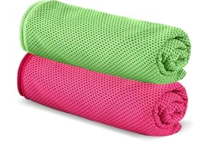 Donfri Serviette Microfibre Sport Musculation- Lot de 2 Serviette Rafraichissante110x30cm pour Fitness,Voyage, Yoga,Randonnée,Tentes de Camping (Vert/Rose)