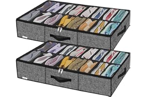 homyfort Large Sturdy Under Bed Shoe Storage Solution Organizer For Closet Fit 16x2 Pairs, Underbed Shoes Container Bags with Reinforced Handles, Breathable, Linen-like Black, XAUBS16P2