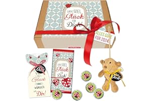 ‎STEINBECK STEINBECK Geschenkbox - Viel Glück 2024 - Silvester Neujahr Happy New Year Mitbringsel süßer Glücksbringer zum Jahreswechsel Schutzengel Plüsch Set Schokolade Fruchtgummi Glückskäfer