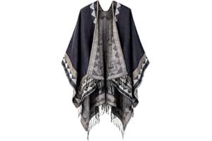 OOPOR Poncho Châle Rétro Ouvert Femme - Plaid Imprimé Tricot Pull Manteau Gilet Large Long Pancho Tartan Style Capuche Chaud Grand Polaire Cape Veste Foulard Ponchos Echarpe Automne Hiver Ethnique