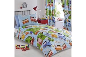 KIDS CLUB Kids Boys Blue Green Steam Engine Trains Railway Reversible Single Duvet Set