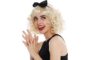 WIG ME UP- 61905-FR87A Peluca Adorable Carnaval Mujeres rizos Pelo Rubio Rizado aro de Pelo Negro con Lazo los 50 los 60