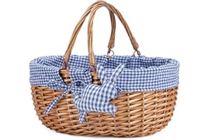 G GOOD GAIN Cestino da picnic in vimini con doppi manici pieghevoli, cestino da picnic in salice, cestino pasquale intrecciato a mano, cestino pasquale e cestino per caramelle, giocattoli da bagno e