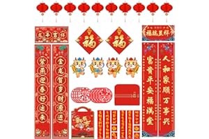 CELERAUR 44 pezzi di decorazioni per il Capodanno cinese, set di distici cinesi con Chunlian, ornamento del personaggio Fu, vetrofanie Fu, buste rosse, lanterne rosse, per il Festival di Primavera 2024