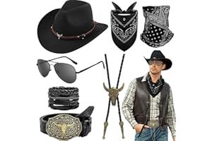 Saier tbo 7Pcs Western Cowboy Accessories for Adults, Wild West Cowboy Fancy Dress with Hat Glasses Bandana Mask Necklace Bracelet Belt for Women Men Halloween Theme Party