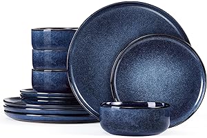Homikit 12 Piece Dinner Set, Reactive Glaze Kitchen Dinnerware Sets for 4, Elegant Stoneware Included Plates and Bowls, Non-Scratch & Sturdy, Dishwasher & Microwave Safe, Nebulas Blue