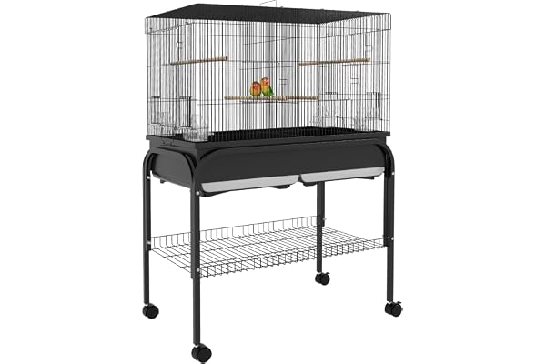 PawHut Grand Cage Oiseaux, Cage Perroquet, volière Oiseaux intérieur extérieur, avec Support, roulettes pour cacatoès Perruche canaris Perroquet, Acier, 85 x 49 x 119 cm, Noir