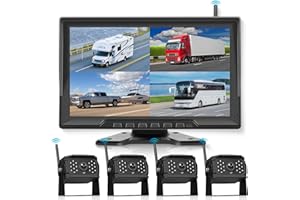 RIMOODY Cámara de Marcha Atrás Inalámbrica Kit, Pantalla Táctil de 10.1 Pulgadas, 4 Cámara de Visión Trasera con IP68 Impermeable,Visión Nocturna, BSD para Camiones,Remolques,Camionetas,Furgonetas Autobuses.